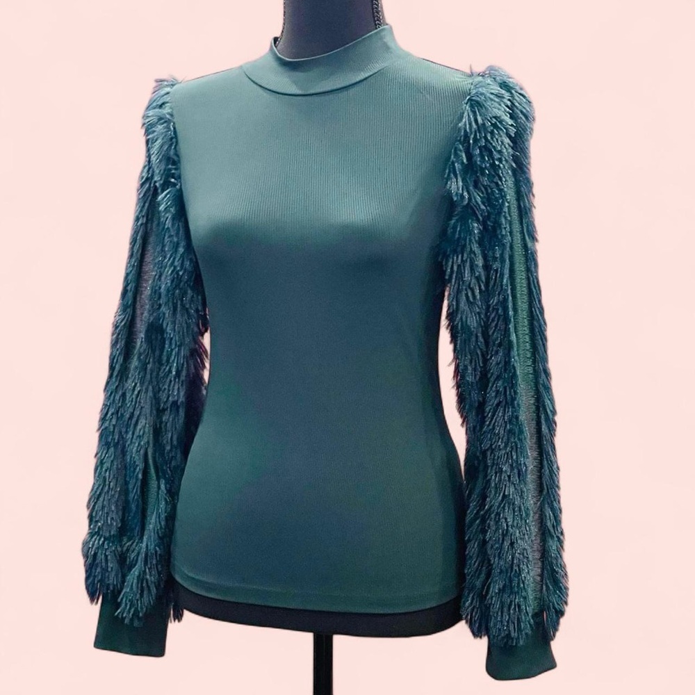 SHEIN Teal Blue Fitted Ruffled Puff Sleeve Blouse Medium